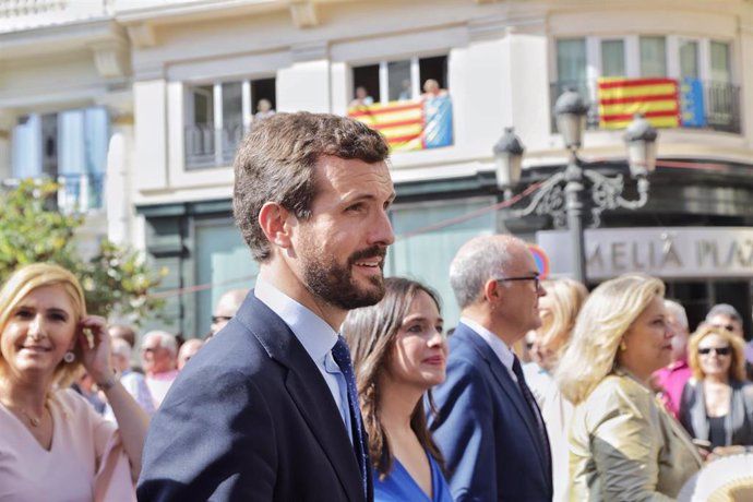 El presidente del Partido Popular, Pablo Casado asiste a la bajada de la Real Senyera y Procesión Cívica en conmemoración de la entrada del Rey Jaume I a Valencia, en Valencia, a 9 de octubre de 2019.