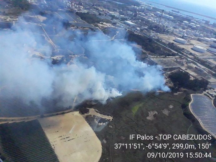 Incendio declarado en el paraje Estero de Domingo Rubio en Palos de la Frontera (Huelva).