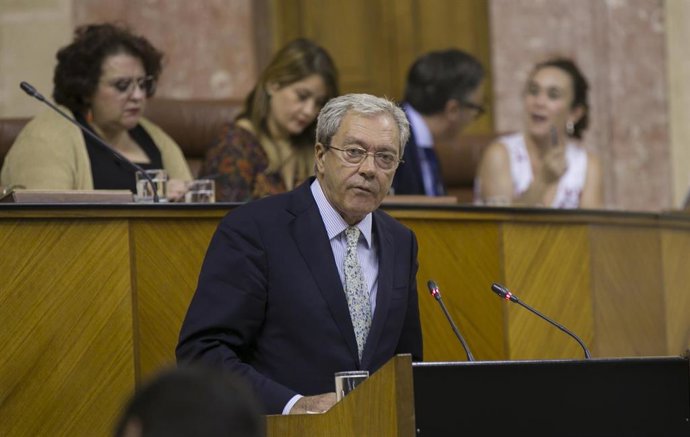 El consejero de Economía, Conocimiento, Empresas y Universidad, Rogelio Velasco, en el Pleno del Parlamento.