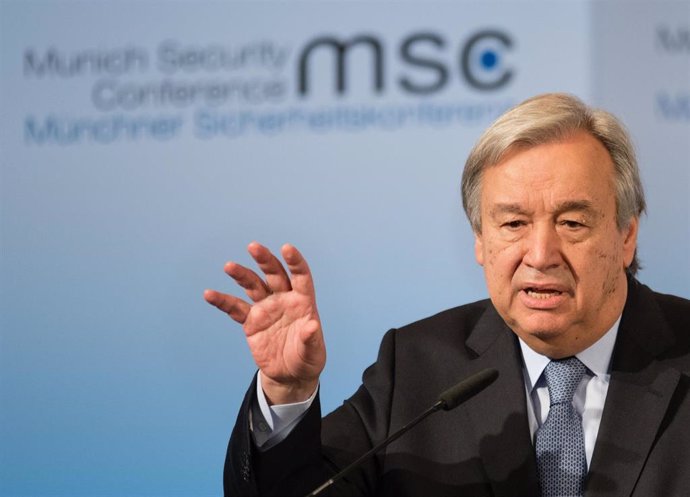 FILED - 18 February 2017, Munich: UN Secretary-General Antonio Guterres speaks at the Munich Security Conference at the Bayerischer Hof. Guterres has strongly condemned the attack on a synagogue in the German city of Halle, in a statement from his spoke