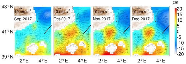 Imágenes del estudio del Socib que ha detectado un remolino anticiclónico de 60 km de radio en el Mediterráneo.