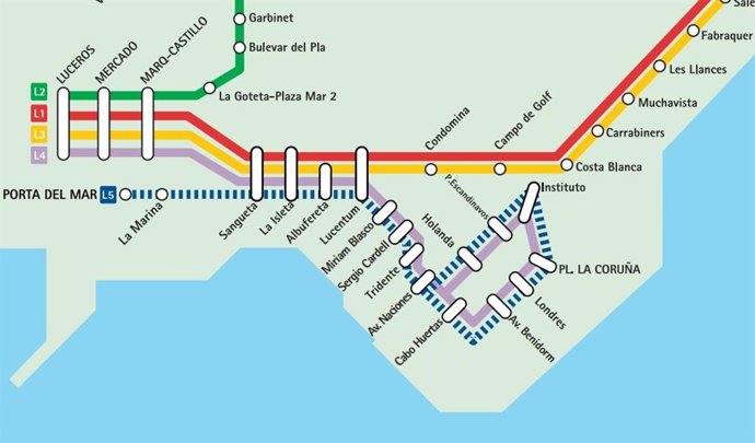 Plano del TRAM en la ciudad de Alicante con la L5 en su recorrido junto al mar.