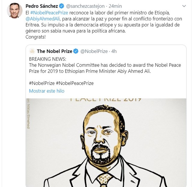 Mensaje en Twitter del presidente del Gobierno en funciones, Pedro Sánchez, felicitando al primer ministro etíope, Abiy Ahmed, por el Nobel de la Paz