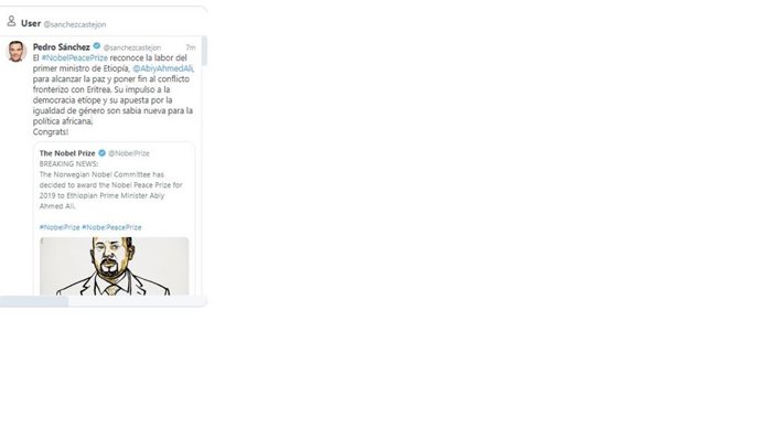 Mensaje en Twitter del presidente del Gobierno en funciones, Pedro Sánchez, felicitando al primer ministro etíope, Abiy Ahmed, por el Nobel de la Paz