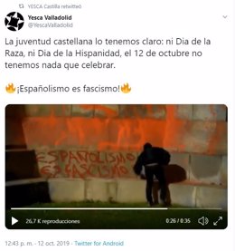 Captura de pantalla en la que Yesca reivindica las pintadas del monumento a Colón en Valladolid.