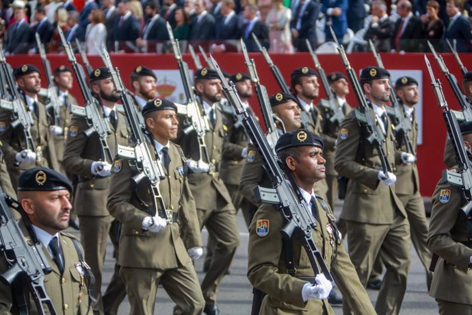 Militares participantes en el desfile del Día de la Fiesta Nacional del 12 de octubre, en Madrid