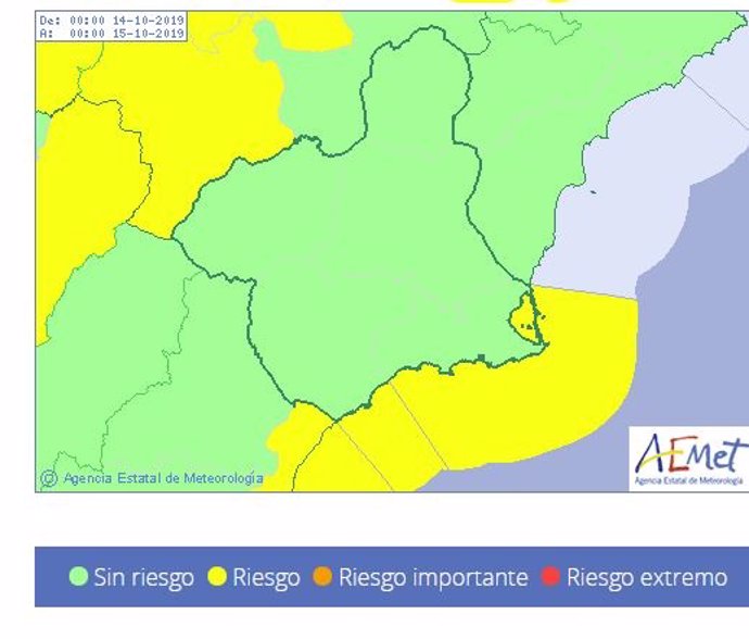 Mapa del aviso amarillo prevista para este lunes en la Región de Murcia