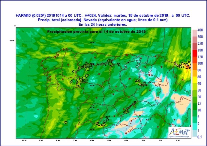 Mapa elaborado por la Aemet sobre la previsión de lluvia para este lunes, 14 de octubre