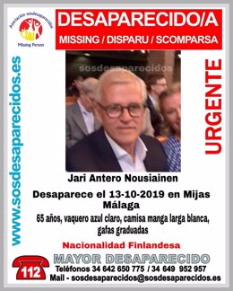 Cartel que alerta de la desaparición de Jari Antero en Mijas (Málaga)