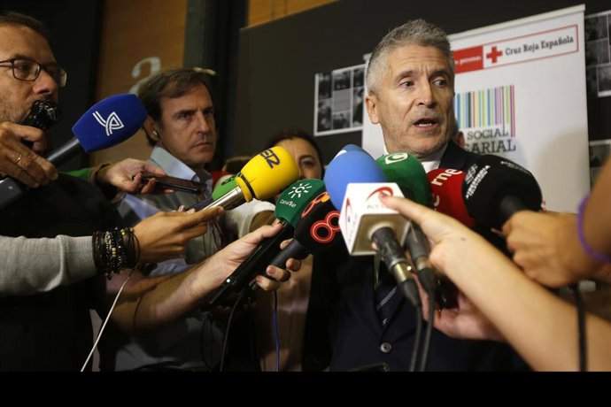 El ministro del Interior en funciones, Fernando Grande-Marlaska,en rueda de prensa después de  participa en un acto de reconocimiento a las empresas colaboradoras del Plan de Empleo de Cruz Roja. En el Centro Municipal de Arte Flamenco La Merced, en la 