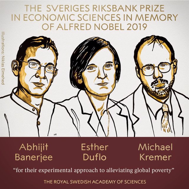 Los ganadores del Nobel de Economía 2019 Abhijit Banerjee, Esther Duflo y Michael Kremer.