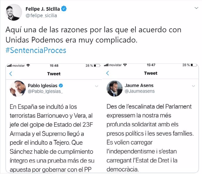 El socialista Felipe Sicilia criticando la respuesta de Podemos y de En Comú a la sentencia del 'procés'