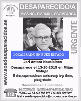 Cartel que informa de la localización en buen estado de un hombre desaparecido en Mijas