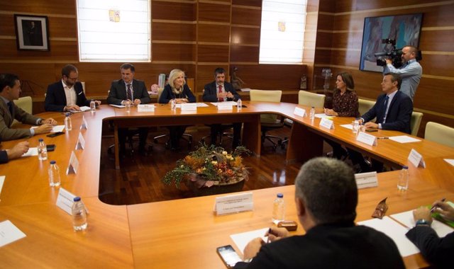 Casado y Mitadiel (C) en la reunión con representantes de Cs, PP, Vox, UPL y Por Ávila para abordar un pacto por la Sanidad.