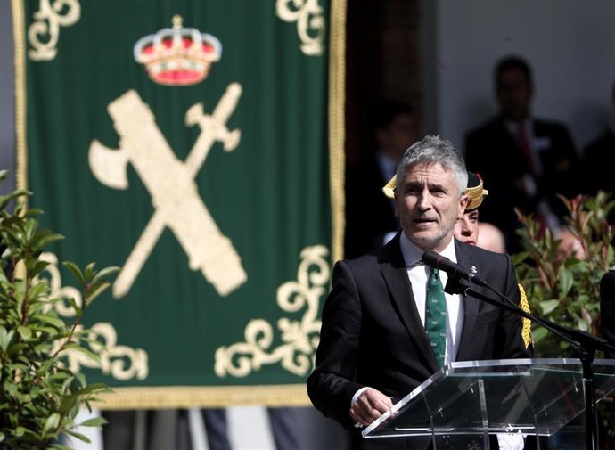 El ministro del Interior en funciones, Fernando Grande-Marlaska durante su intervención en los actos de celebración de la festividad de la Virgen del Pilar, Patrona de la Guardia Civil, en Madrid (España), a 11 de octubre de 2019.