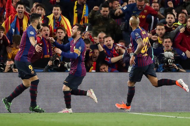 1r de maig 2019, Barcelona: Lionel Messi celebra un gol davant el Liverpool al Camp Nou: Nick Potts/PA Wire/*dpa