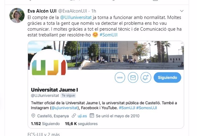 Missatge en Twitter de la rectora de l'UJI, Eva Alcón