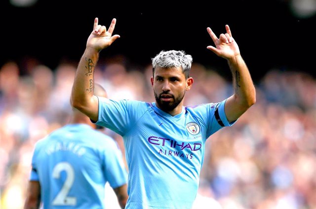 31 August 2019, England, Manchester: Manchester City's Sergio Aguero celebrates scoring his side's third goal during the English Premier League soccer match between Manchester City and Brighton and Hove Albion at the Etihad Stadium. Photo: Nick Potts/PA W