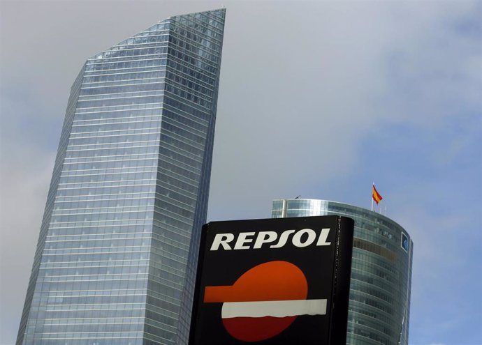 The logo of Spanish energy company Repsol is seen outside a gas station in Madrid