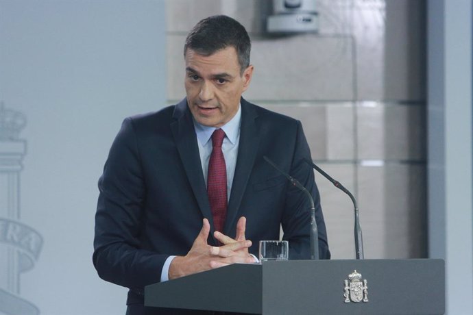 El president del Govern central, Pedro Sánchez, fa una intervenció al palau de La Moncloa, a Madrid (Espanya) a 16 d'octubre de 2019.