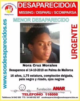 Cartel de la menor, Nora Cruz, desaparecida en Palma