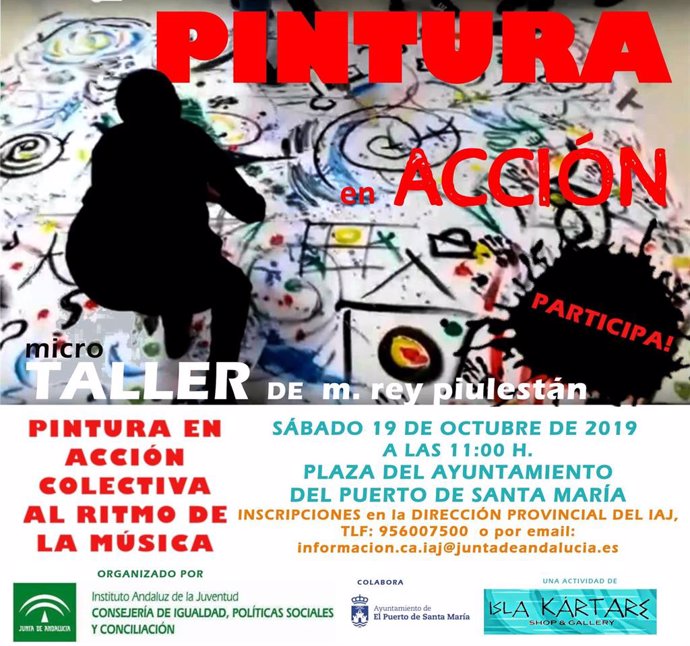 Cartel del taller 'Pintura de acción sobre el suelo con música' del IAJ en El Puerto