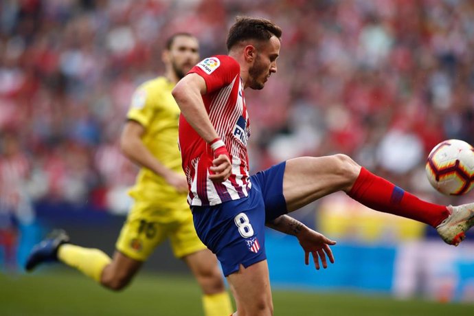 El jugador Saúl Ñíguez, del Atlético de Madrid, marca un gol frente al Villarreal en el Wanda Metropolitano