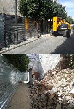 Exterior e interior de la valla de seguridad levantada en la zona de derrumbe de la muralla romana.