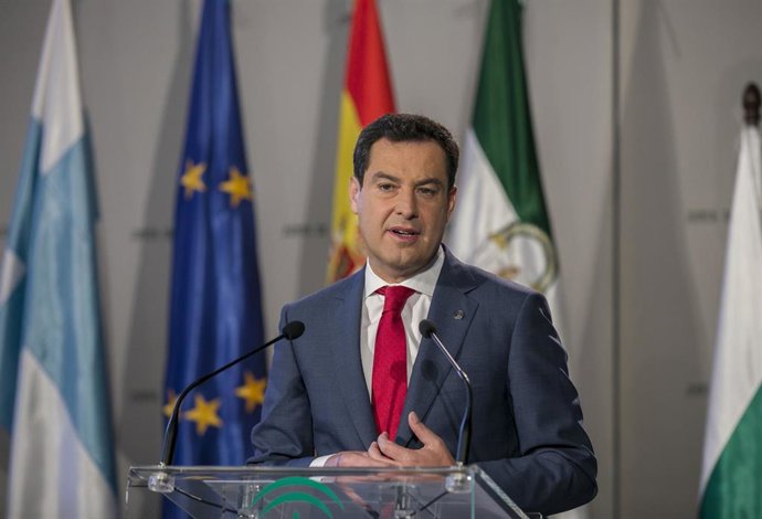 El presidente de la Junta de Andalucía, Juanma Moreno , este jueves en Sevilla