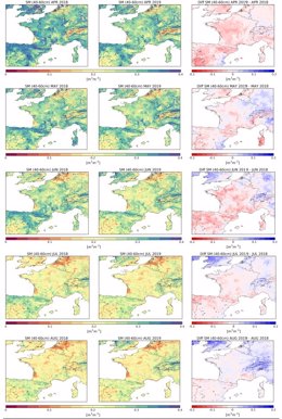 Evolución mensual desde abril a agosto de 2018 (izquierda), 2019 (centro) y diferencia ente 2019 y 2018 del índice de sequía en Europa realizado por Copernicus Land Monitoring Service.