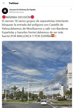 El tuit que alertava de la concentració en l'accés a Son Castelló.