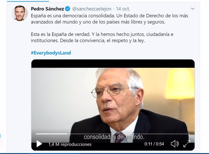 Tuit del presidente del Gobierno en funciones, Pedro Sánchez, sobre la campaña #EverybodysLand
