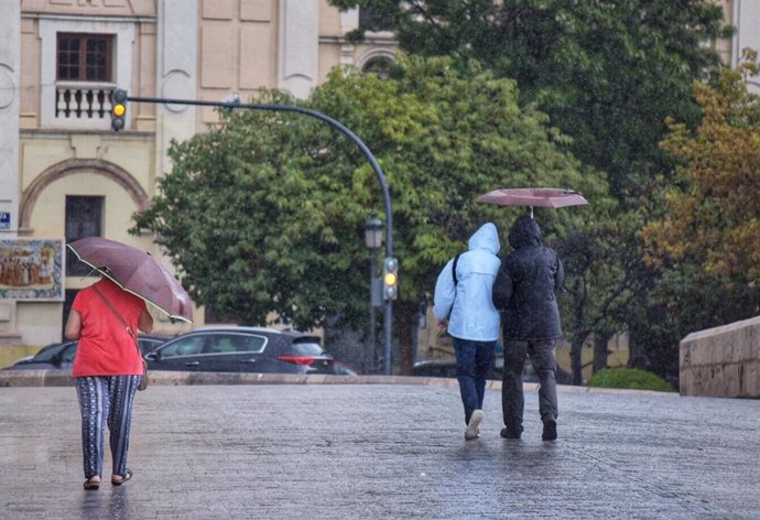 Varias personas pasean por una calle de Valencia, con paraguas y chubasqueros.
