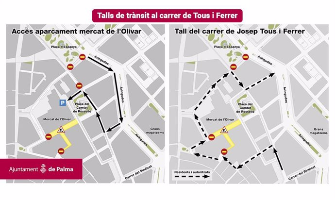 Mapa de los cortes en la circulación de la calle Tous i Ferrer de Palma por obras.