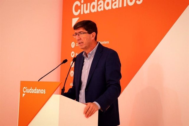 El portavoz de Ciudadanos (Cs) en Andalucía y vicepresidente de la Junta de Andalucía, Juan Marín, este sábado en rueda de prensa
