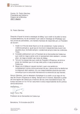 Carta del presidente de la Generalitat, Quim Torra, al presidente del Gobierno, Pedro Sánchez, el 19 de octubre de 2019