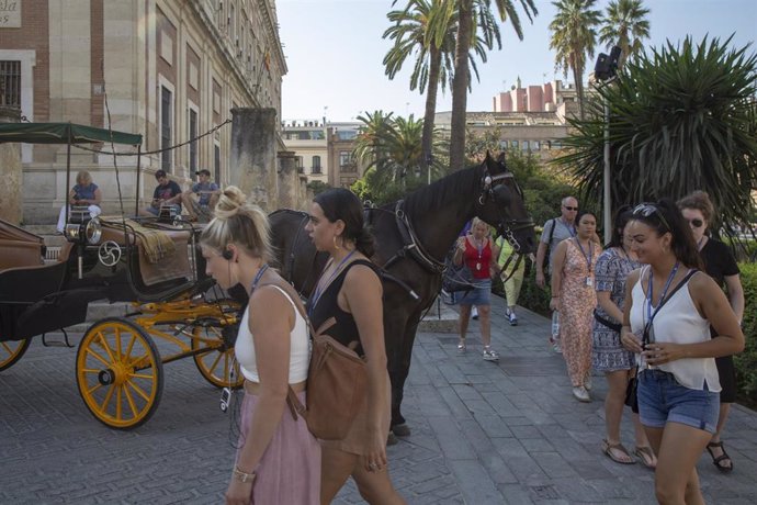 Turistas pasean en grupo por la Avd. de la Constitución. Sevilla.