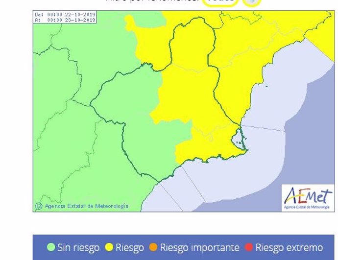 Mapa de la alerta amarilla por lluvias de este martes