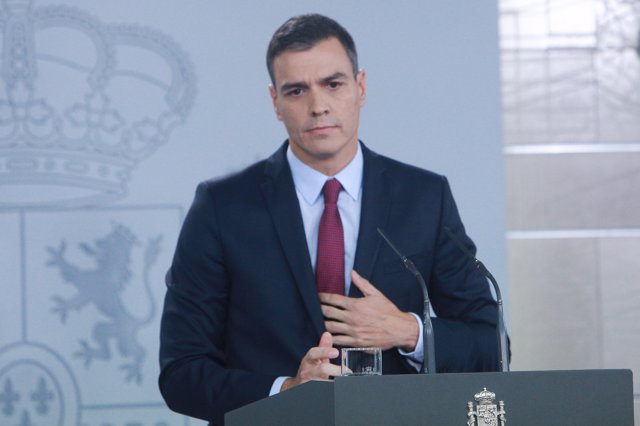 El presidente del Gobierno, Pedro Sánchez, realiza una intervención en el Palacio de La Moncloa, en Madrid