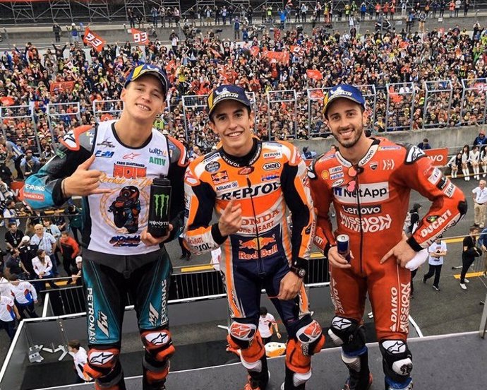 El francs Fabio Quartararo, l'espanyol Marc Márquez i l'itali Andrea Dovizioso al podi de MotoGP del Gran Premi del Japó.