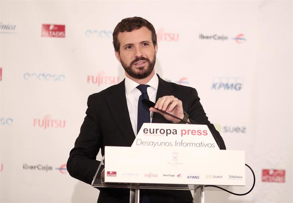 El presidente del PP, Pablo Casado, durante su intervención en un Desayuno Informativo de Europa Press, en Madrid (España), a 21 de otubre de 2019.