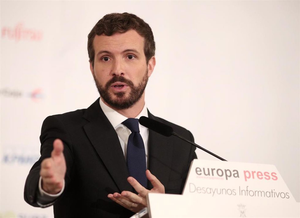 El presidente del PP, Pablo Casado, durante su intervención en un Desayuno Informativo de Europa Press, en Madrid (España), a  21 de octubre de 2019.