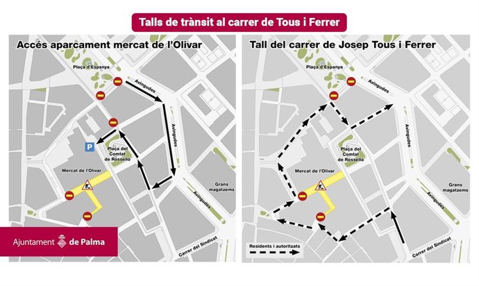 Mapa dels talls en la circulació del carrer Tous i Ferrer de Palma per obres.