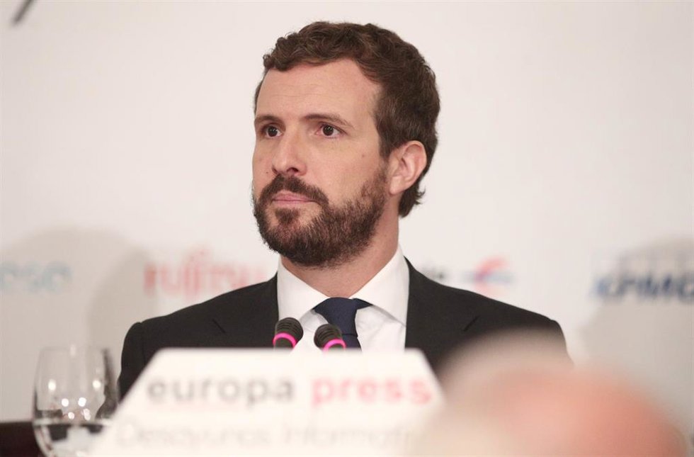El presidente del PP, Pablo Casado, durante su intervención en un Desayuno Informativo de Europa Press, en Madrid (España), a 21 de octubre de 2019.