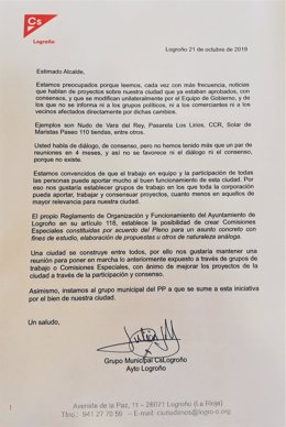 El Grupo Municipal de Ciudadanos en Logroño ha enviado una carta al alcalde para pedirle grupos de trabajo o comisiones especiales en el Ayuntamiento para abordar "y consensuar" temas "de ciudad.