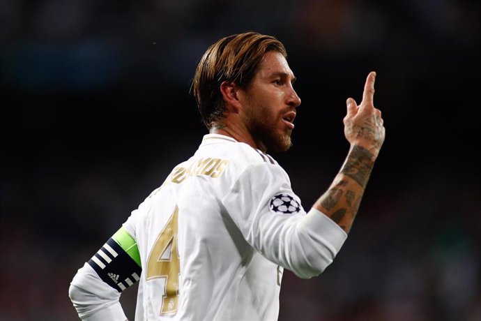 Sergio Ramos of Real Madrid celebrates a goal during the UEFA Champions League football match played between Real Madrid and Club Brujas KV at Santiago Bernabeu Stadium in Madrid, Spain, on October 01, 2019.