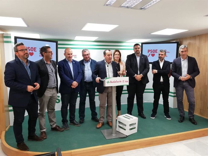 Ruiz Espejo en rueda de prensa con representantes del PSOE en las mancomunidades de la provincia de Málaga.