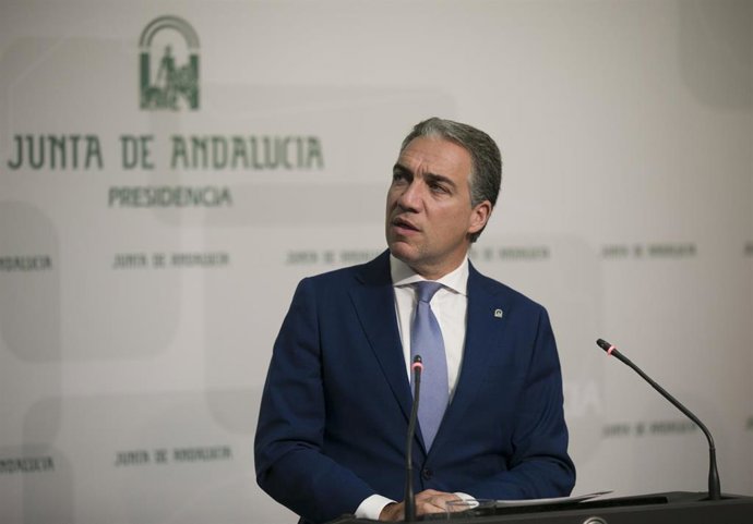 Rueda de prensa posterior a la reunión semanal del Consejo de Gobierno de la Junta de Andalucía. El consejero de Presidencia, Elías Bendodo, durante su intervención. En el Palacio de San  Telmo, Sevilla (Andalucía, España), a 22 de octubre de 2019.