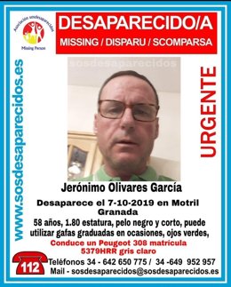 Cartel que alerta de la desaparición de Jerónimo Olivares García