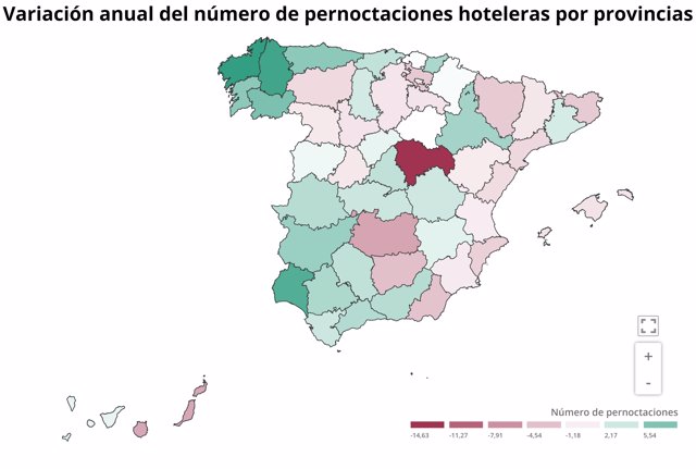 Variación anual del número de pernoctaciones hoteleras por provincias, septiembre de 2019 (INE)